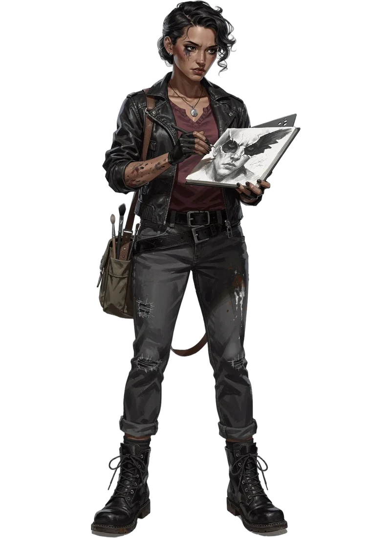 An artist in a leather jacket holding a sketchbook and drawing tools.