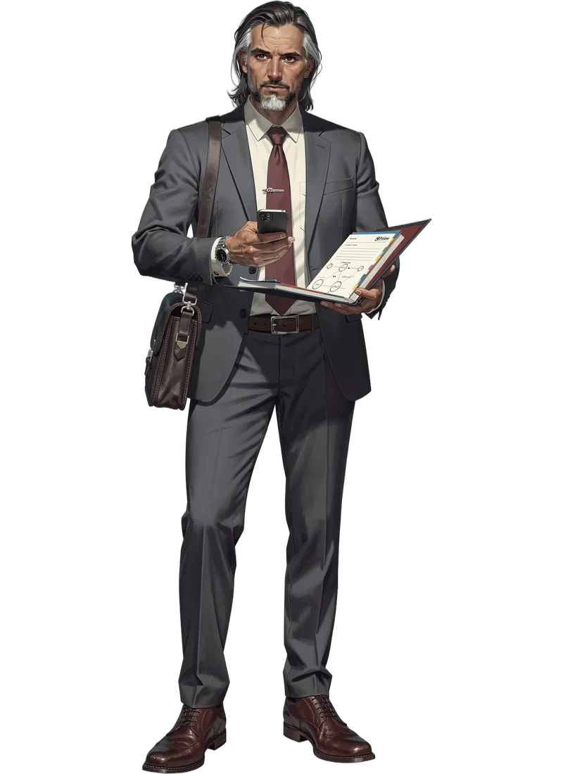 A broker in a suit studying documents with a briefcase at his side.
