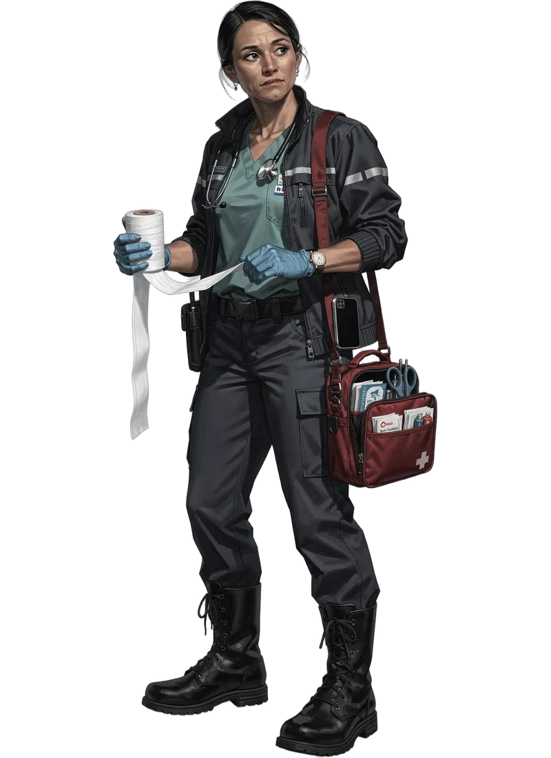 A medic wearing gloves and carrying a red emergency medical bag.