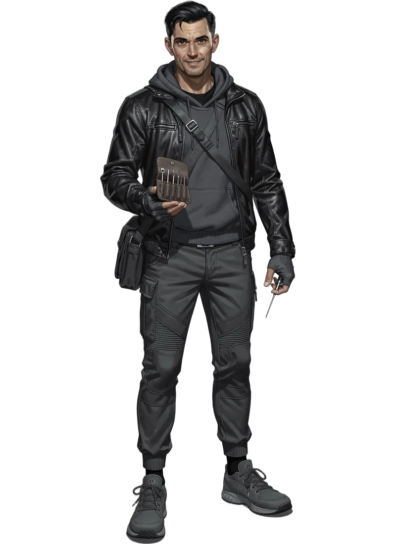 An operator dressed in black, holding a small tool for an intrusion.