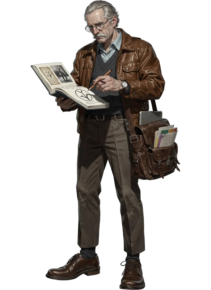 A scholar with glasses examining an open illustrated book.