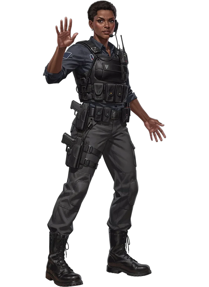 A security professional in protective clothing raising one hand to stop someone.