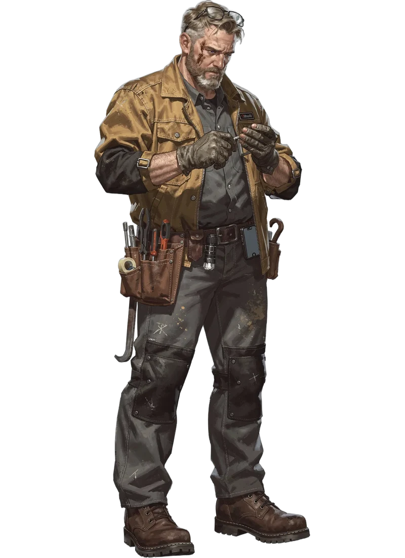 A worker in a worn yellow jacket carrying tools and examining a mechanical part.