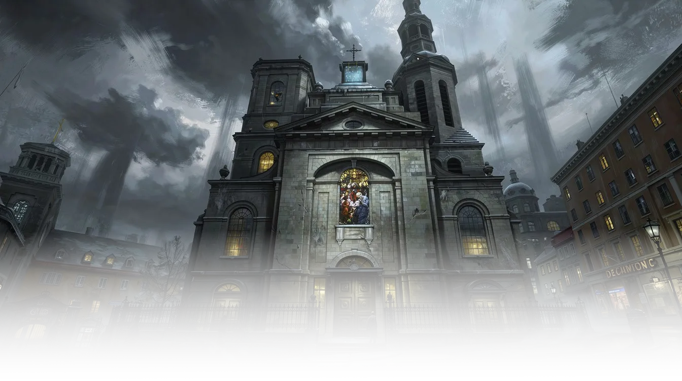 A lone figure approaches a cathedral beneath a storm-dark sky in Québec City.