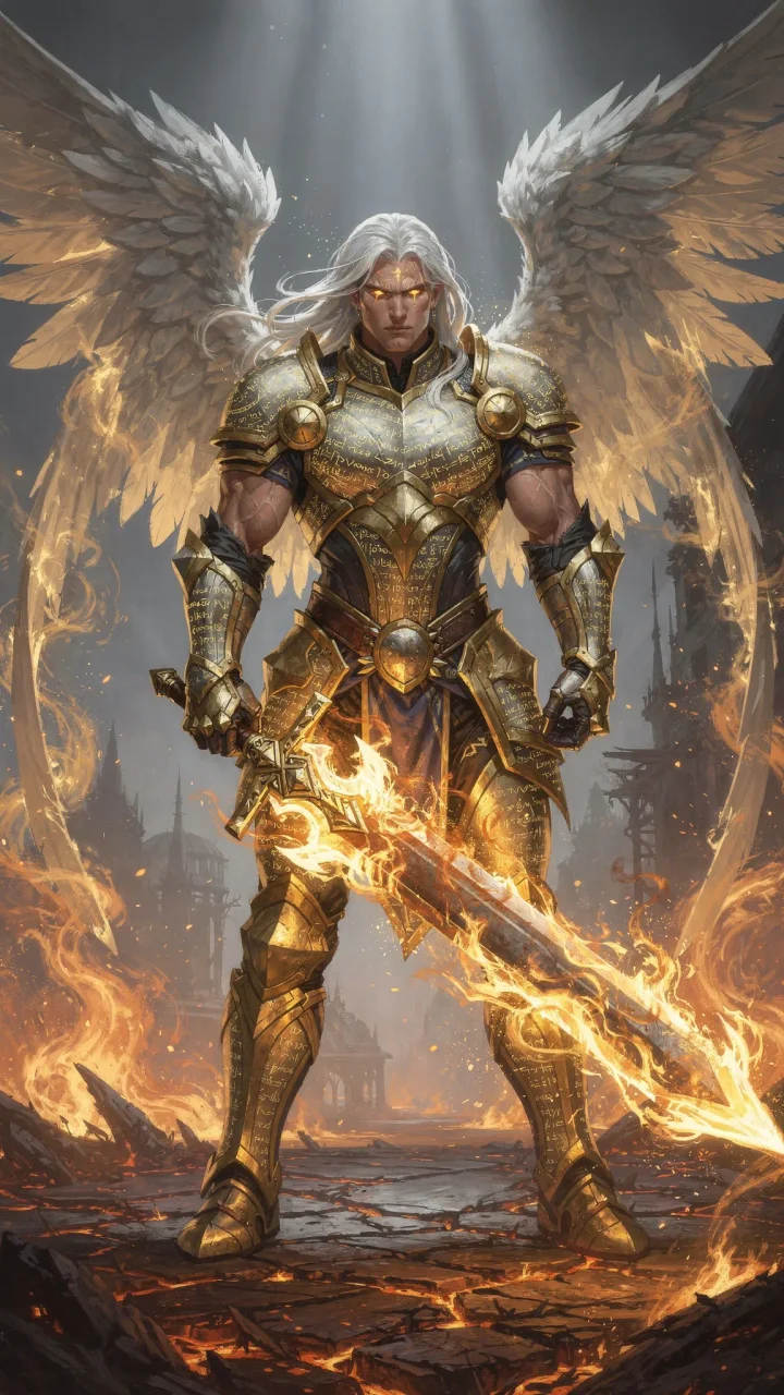 A four-winged angel in celestial armour holding a greatsword wreathed in fire.