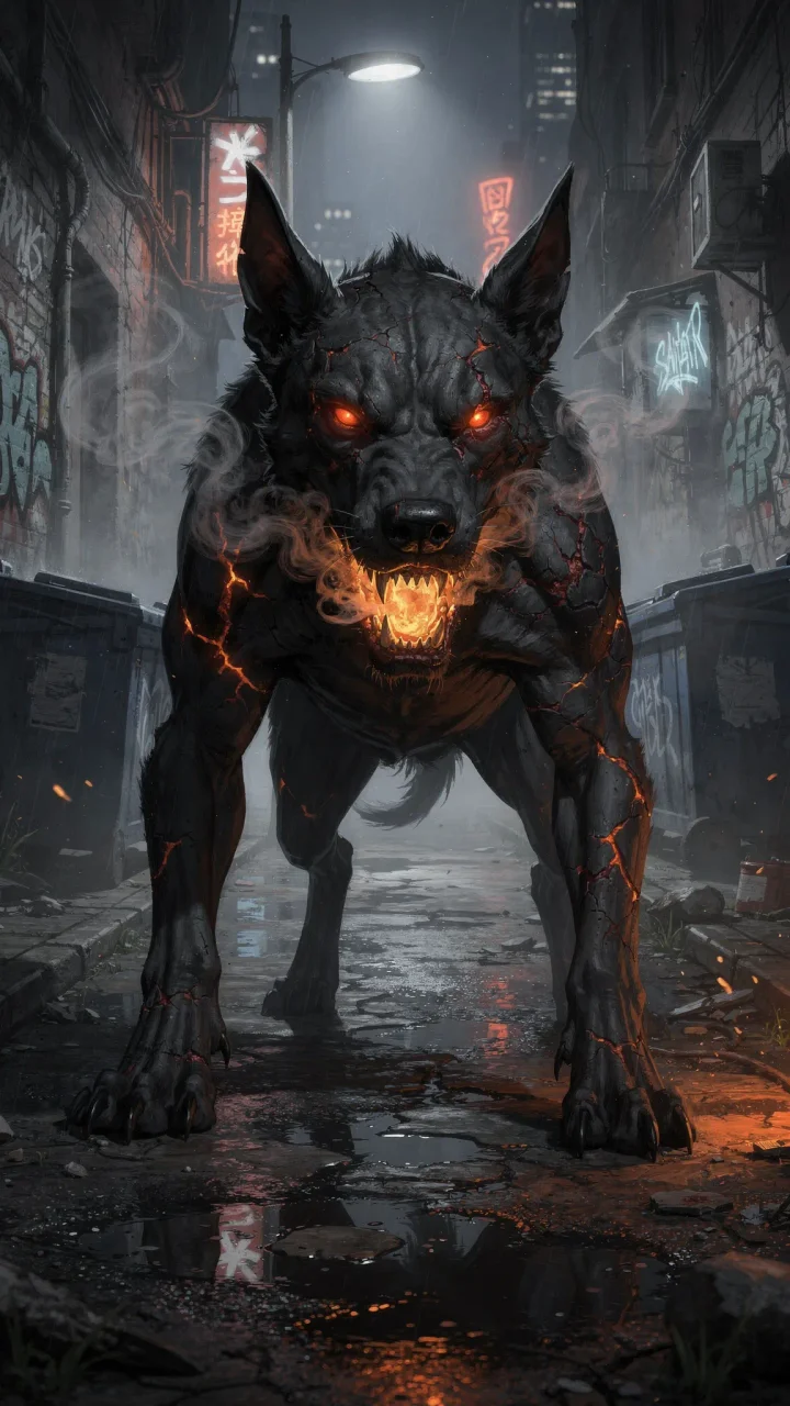 A massive black Hellhound with ember eyes and a smoking, fiery mouth blocks a rain-soaked alley.