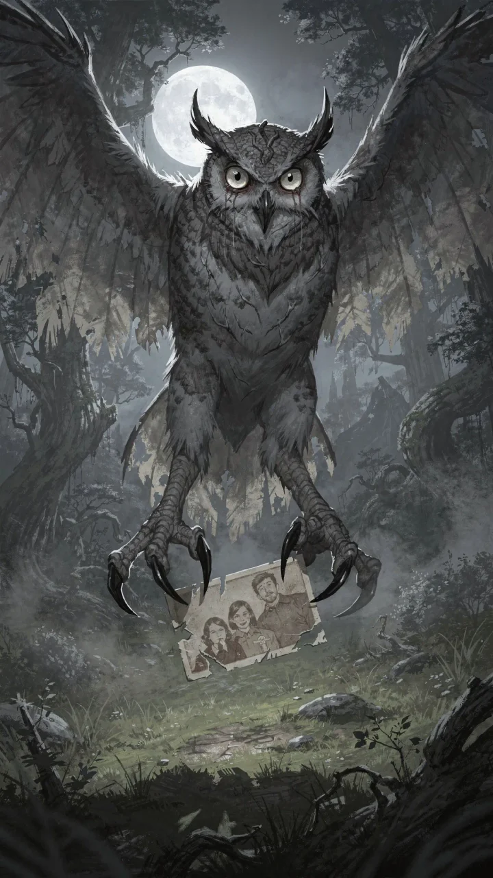 An enormous owl with unsettling eyes and photographs caught beneath its talons.