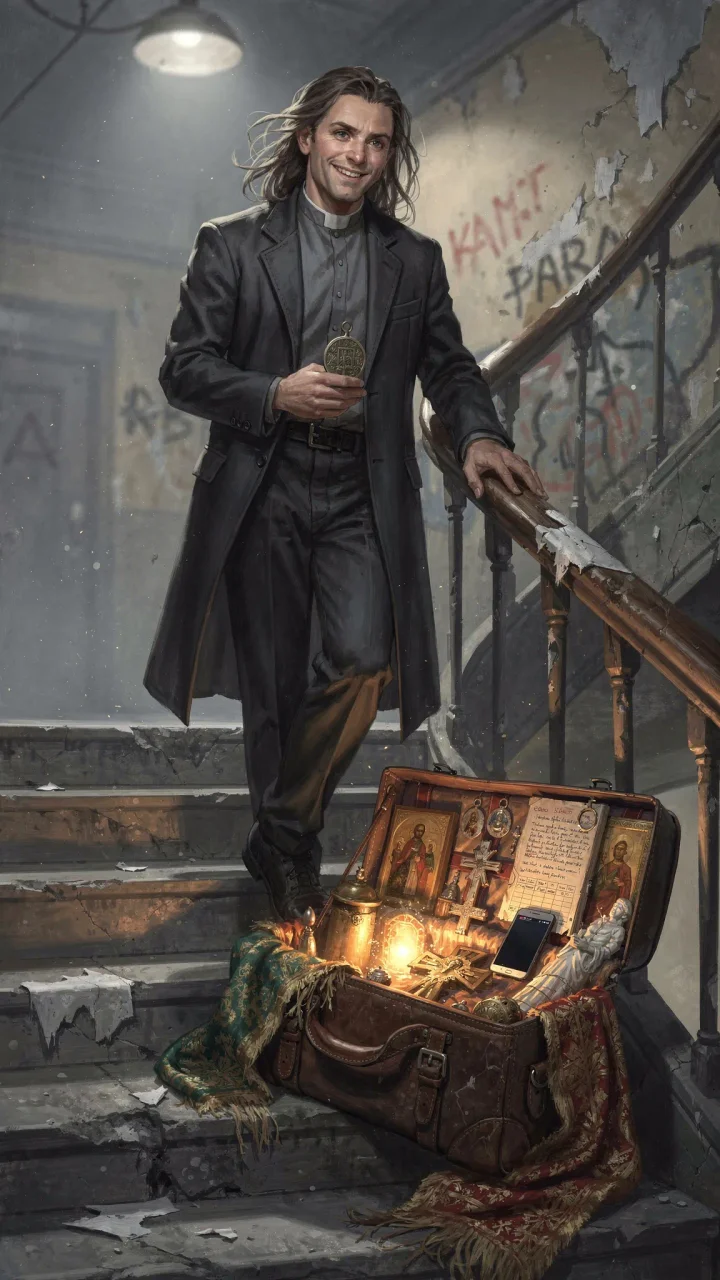 A smiling former clergyman holds a medallion beside a suitcase of sacred objects in a worn stairwell.