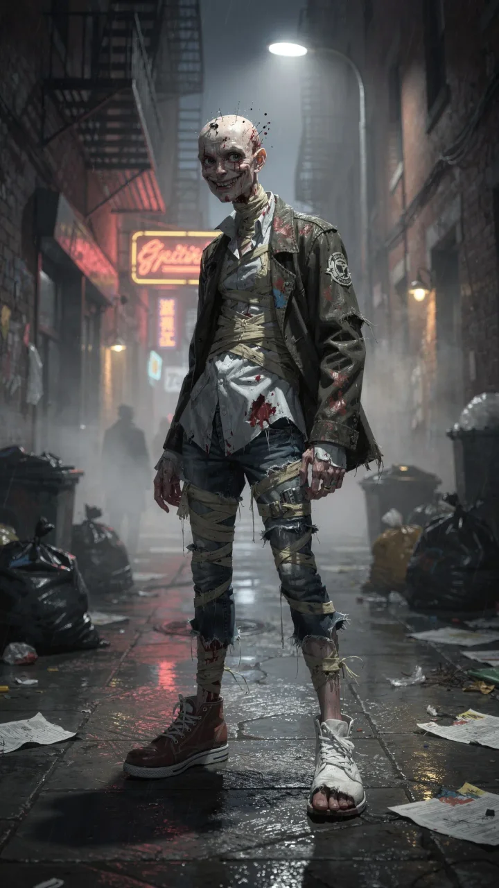 A crooked human figure pieced together from discarded possessions in a rain-soaked alley.