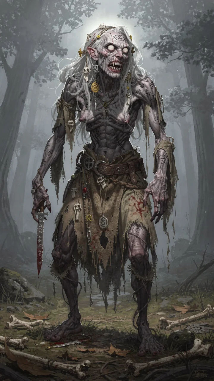A long-limbed, grey-skinned Veil Hag carries a ritual knife through a misty forest, wearing occult charms.