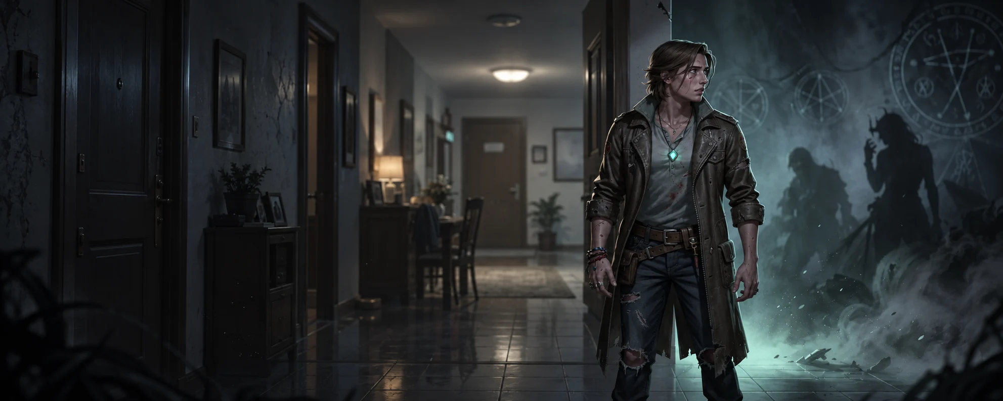 A woman wearing a turquoise pendant stands in a dim apartment hallway, with unnatural shadows moving behind her.