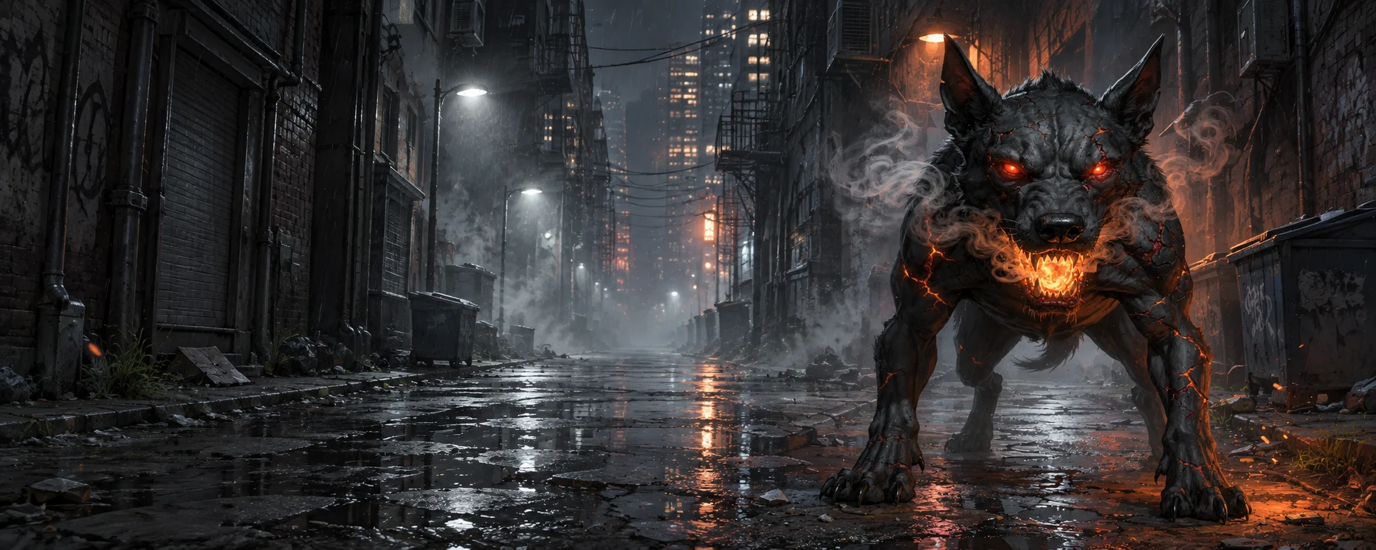 A Hellhound with ember eyes waits in a dark, rain-soaked city alley.