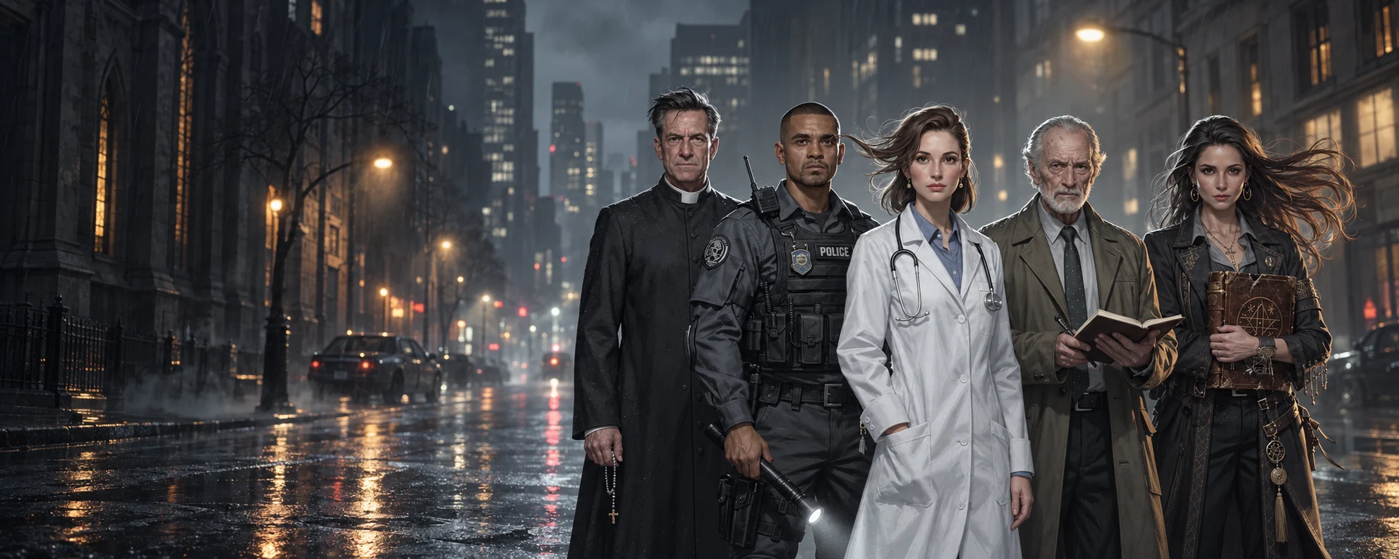 Five investigators gather on a rain-dark city street, lit by distant windows and streetlights.