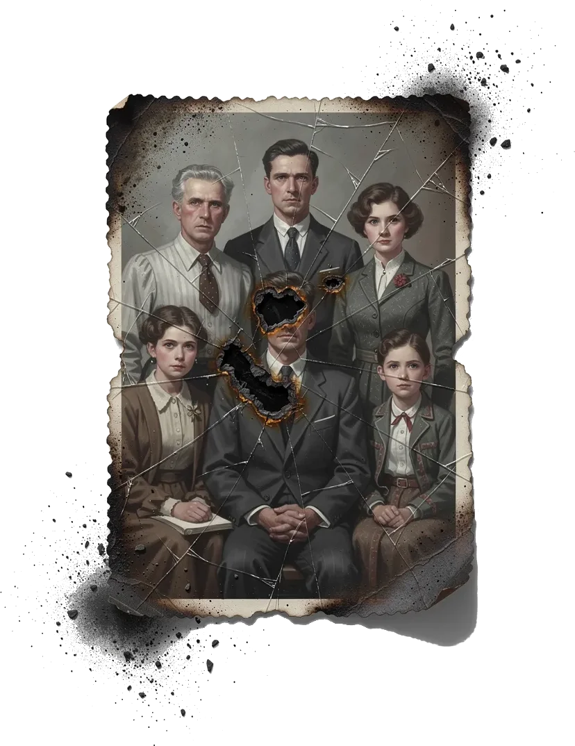 A damaged family photograph, scorched through the middle, kept as a personal tether.